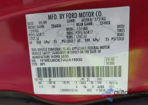 2010 Ford Explorer Xlt z USA, uszkodzony, nr VIN 1FMEU6DE7AUA15930